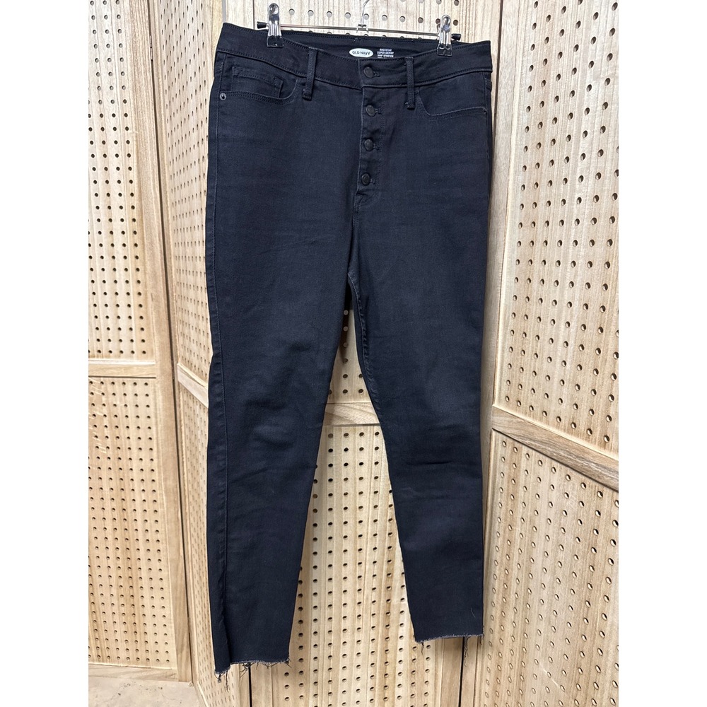 Old Navy Rockstar Super Skinny Extra High Rise Black Button Fly Jeans Womens 12
